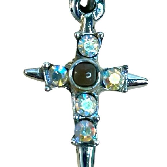 Vintage Aurora Borealis AB Rhinestones Silver Tone Cross Pendant - Picture 2 of 4